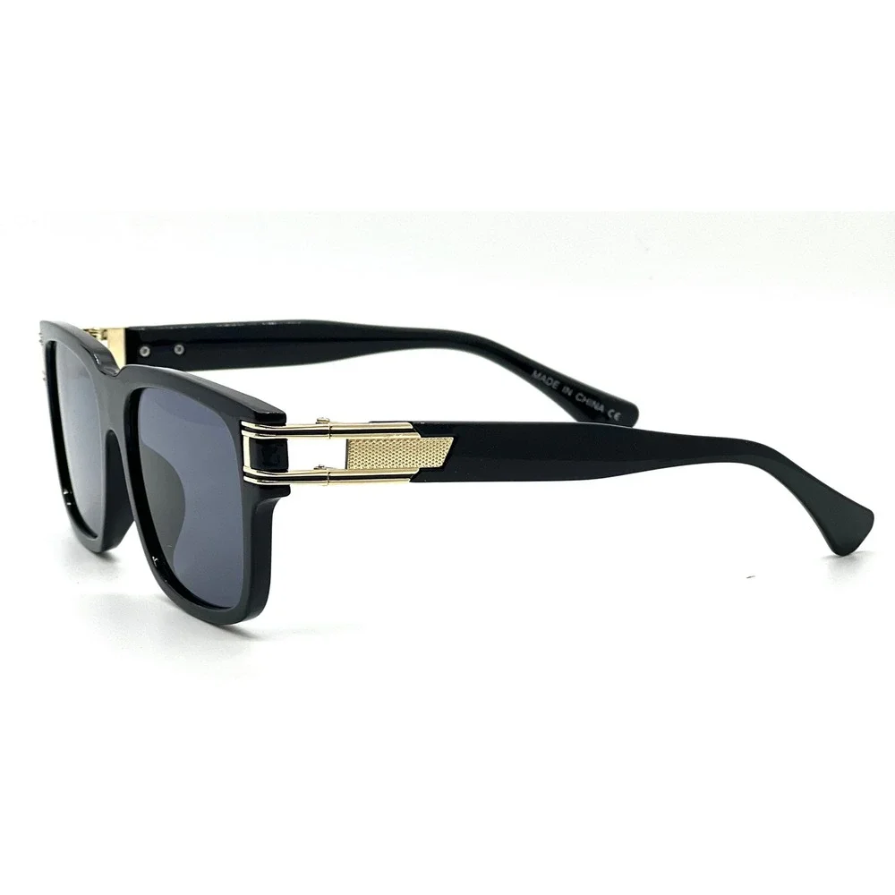 Mens Square Black Sunglasses Gold Metal Accent‎ Luxury Designer Style Shades New